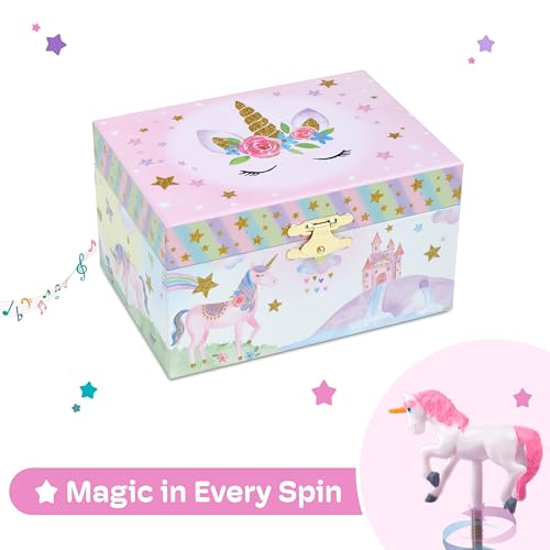 Image of Jewelkeeper Girl's Musical Jewelry Storage Box with Spinning Unicorn, Glitter Rainbow and Stars Design, The Beautiful Dreamer Tune