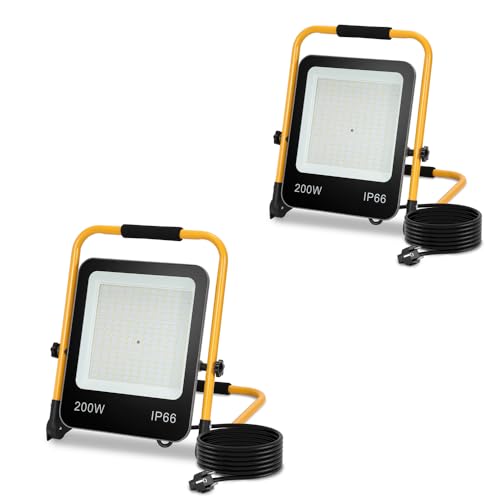 Yakimz Proiettore da cantiere a LED, 200 W, 2 x 18000 lm, lampada da lavoro, IP66, impermeabile, portatile, 6000 K, luce bianca fredda, lampada da cantiere, cavo e supporto pieghevole