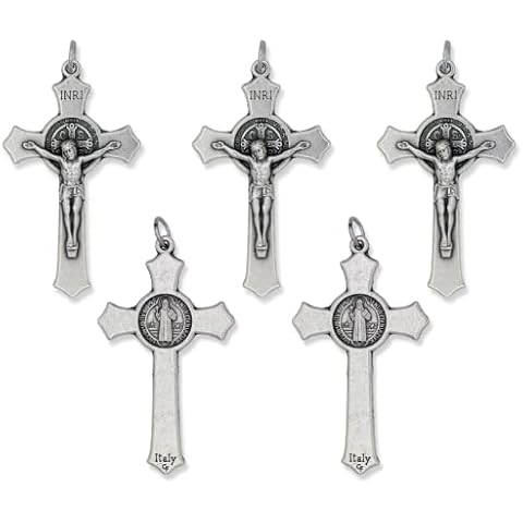 Caritas et Fides Pack of 5 - St Benedict Crucifix Large (2 Inch, Silver Oxidized) Pendant for Necklace, Rosary Making Supplies - Made in Italy Cover