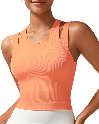 Image of RUNNING GIRL Sports Bras for Women High Impact Seamless Ribbed Longline High Neck Workout Crop Tank Tops Padded