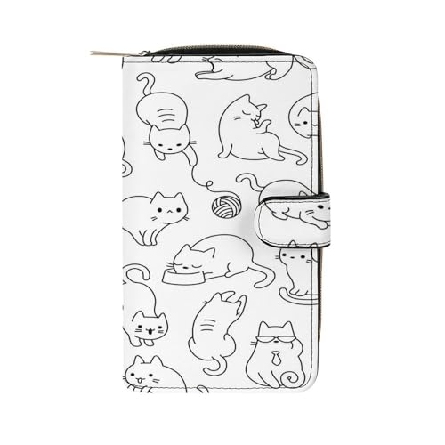 Women Soft PU Leather Wallet, Zipper Card Case Clutch Credit Bills Money Crash Coin 7.8x4.3x1.4 in Holder Purse Print Seamless Drawing Cute Cartoon Cats on White - Main Image