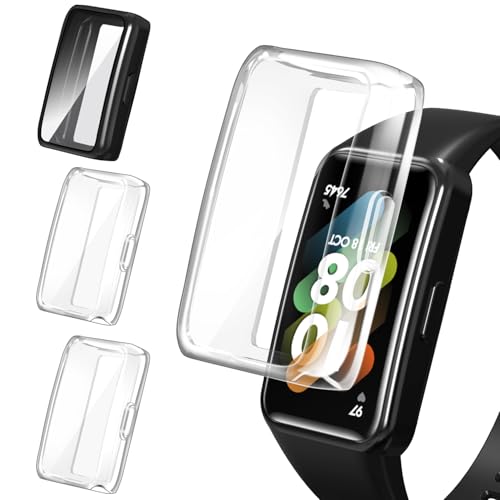 iVoler 3 Pezzi Cover con Pellicola Protettiva per Huawei Band 7 / Huawei Band 6 / Honor Band 7 / Honor Band 6, Copertura Completa Custodia Anti-Graffio Sottile Morbida TPU Case, 2 Trasparente + 1 Nero