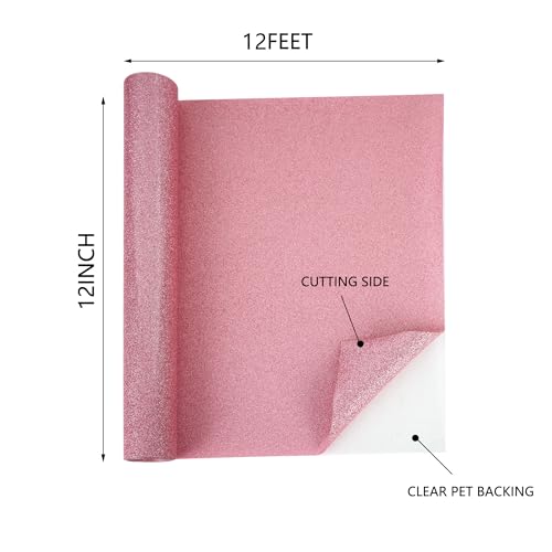Image of RENLITONG Pink Glitter Heat Transfer Vinyl HTV Vinyl Rolls- 12 inch x 12ft Iron on Vinyl for T-Shirt, Cameo - Easy to Cut & Weed for Heat Vinyl Design