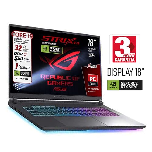 Rog Strix G18 portatile Gaming, Cpu Intel i9-14900HX, RAM 32Gb DDR5, SSD 1Tb, Ampio Display 18" 144Hz FHD+, NVIDIA GeForce RTX 5070 8Gb GDDR7, Wi-Fi 7, BT 5.4 Thunderbolt, Win 11, Ready To Use - Notebook - Immagine 1