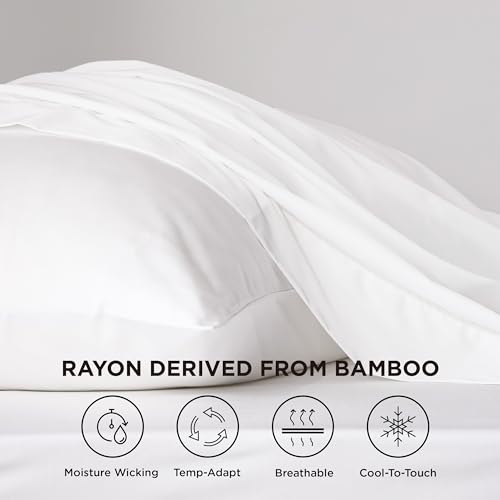 Image of Bedsure Cooling Sheets Twin XL, Rayon Derived from Bamboo, PureWoven, Breathable & Soft Twin XL Sheet Sets, Deep Pocket Up to 16 Inches, Hotel Luxury Silky Dorm Bedding for Hot Sleepers, White