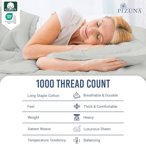 Image of Pizuna 100% Cotton Bedsheet Super King Size Silver, 1000 Thread Count Long Staple Combed Cotton Flat Bedsheets 108x108 Inches with 4 Pillow Covers, Bed Sheet for Super King Size Bed