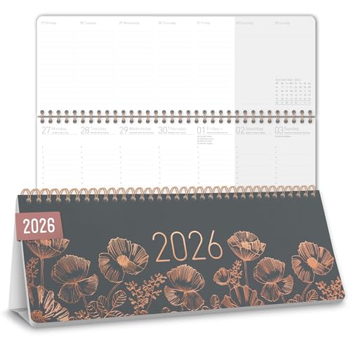 Häfft® Calendario de escritorio semanal internacional 2026 apaisado 'Poppy' 1 semana 2 páginas, 29,8 x 11,6 cm, multilingüe - sostenible y respetuoso con el clima