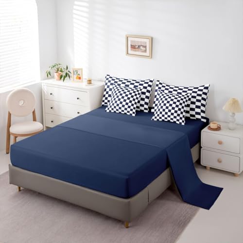 Image of Erosebridal Boys Navy Checkered King Bedding Set 7 Piece White Dark Blue Buffalo Plaid Grid Comforter Set with Sheets,Checkerboard Bed in A Bag for Kids Teen Mengeometrical Gingham Bed Set