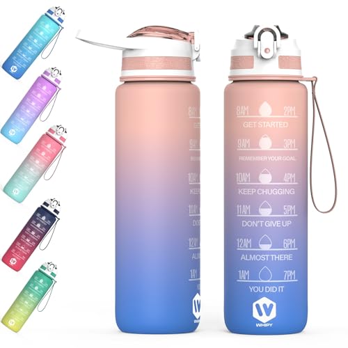 WHIPY 500ML Water Bottle with Straw - Leak-Proof & BPA Free Reusable Sports Bottle - Motivational Time Markings for Hydration Durable Drink Bottle for Gym, Sports, Outdoor, Cycling (Pink & Blue)