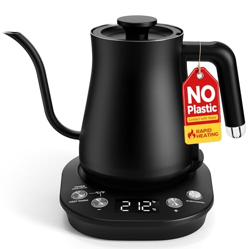 Mooye Gooseneck Electric Kettle with ±1℉ Temperature Control, 304 Stainless Steel Interior, BPA Free, 1200 Watt Rapid, Brew Timer, Automatic Shut Off for Pour Over Coffee, Brew Tea（Matte Black）