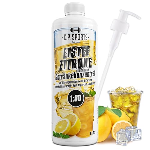 C.P. Sports Getränkesirup EISTEE-ZITRONE für Mineraldrink I VITAMINE + ZUCKERFREI* I Getränkekonzentrat Sirup 1:80 zum Mixen mit Wasser für Vital-Drink Sport-Getränk I 1 Liter + Pumpspender