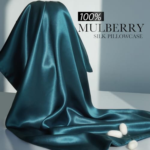100% Mulberry Silk Pillowcase for Hair and Skin, 22 Momme Pure Natural Silk Pillow Case Both Sided with Zipper, Pillow Cover for Women Mom Men (Fog Blue, Standard 20''×26'')