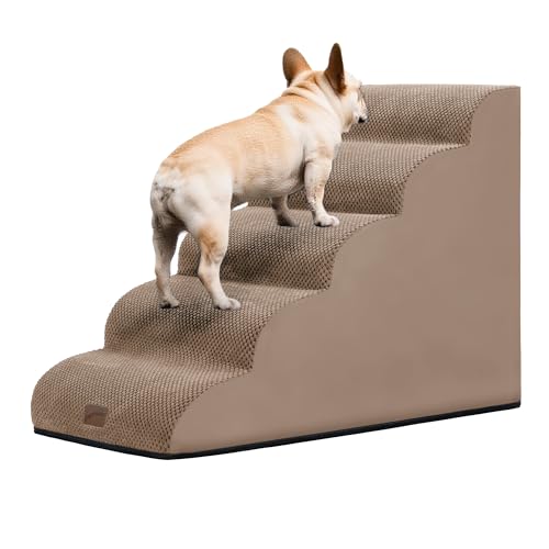 GoGoBunny Ramp Dog Stairs for High Beds 22.6" H, 5-Step Dog Slope Stairs with Durable Waterproof Fabric Cover, Pet Steps for Old Large Dogs Climbing, Non-Slip Sturdy Indoor Step, Camel