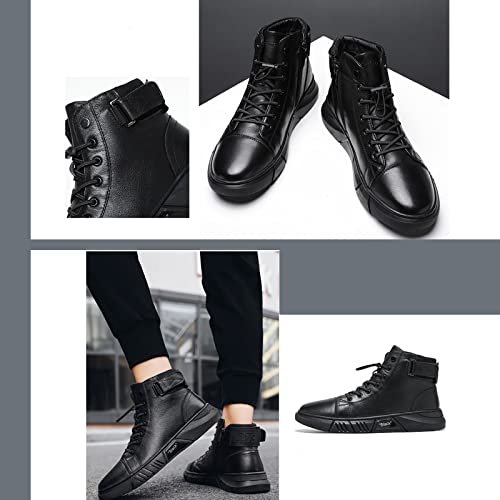 Lovasa Italian High-Top Casual Leather Boots, Men Black Round Toe Waterproof Non-Slip Shock-Absorbing Business Martin Ankle Boots, Stylish Casual Shoe (Color : Black, Size : 11.5) #TOP2