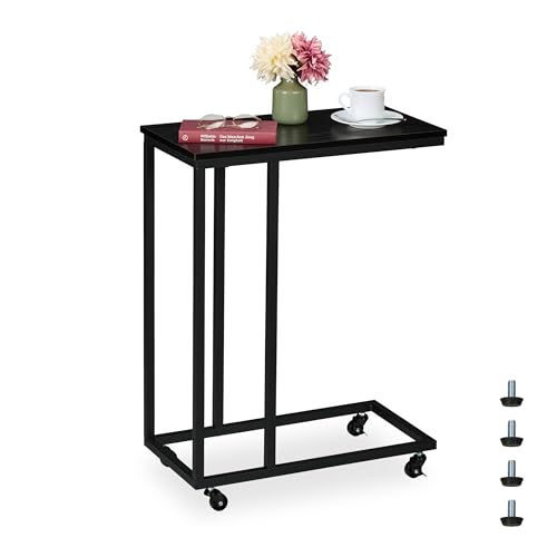Relaxdays Tavolino da Divano a Forma di C, HLP: 79x60x30 cm, Tavolo Laterale da Salotto e Letto, Ferro e PB, Nero