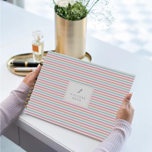 Image of Visitor Book - 8 x 12 Inches | Colorful Stripes Pattern Wire Bound Guest Register for Hotels, Offices, Exhibitions & Business Use | Medium Size Visitor Log Book for Reception & Front Desk
