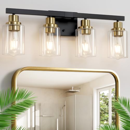 Image of Bathroom Vanity Light, 4-Light Black and Gold Bathroom Light Fixtures with Clear Glass Shade, Bathroom Lighting Fixtures Over Mirror,Bath Black Wall Lights for Mirror Bedroom,Living Room