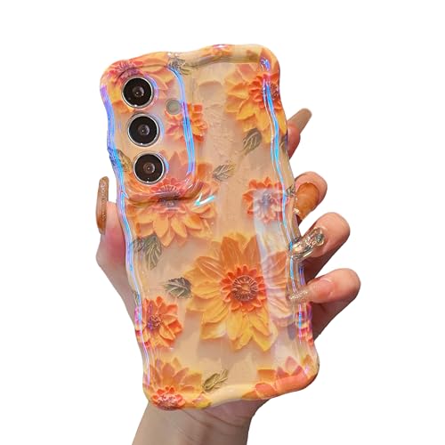 XIZYO Colorée Rétro Peinture à l'huile Fleur Coque pour Samsung Galaxy S24, Ondulé Bouclé Laser Brillant Mignon Floral Esthétique Coque, Housse Femmes Mince Souple...