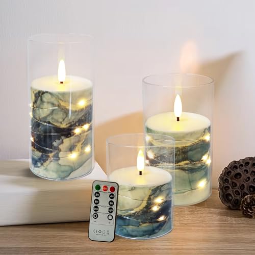Image of Flickering Flameless Candles Dark Blue Marble Embedded Star String Lights, Battery Operated Acrylic LED Pillar Candles with 11-Key Remote and Timer for Home Decoration, 3 Pack
