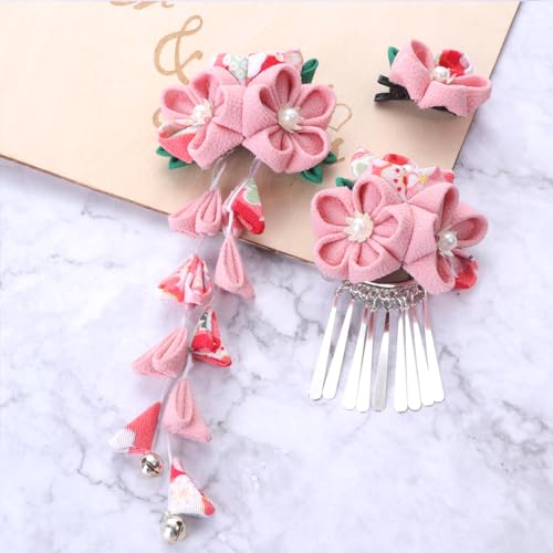 Lurrose clips para el cabello japoneses estilo kimono con flores, set de 3 piezas rosa metálico para mujer miniatura 2