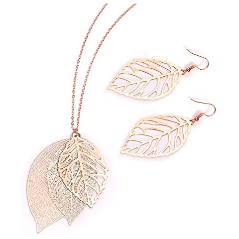 NVENF Leaf Necklaces and Earrings Jewelry Set for Women Large Leaves Veins Pendant Tiered Necklaces and Modern Woodland Drop Stud Earring Fall Spring Theme gift (A Rose gold & Silver) Cover