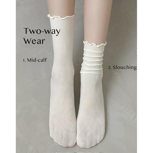 Lettuce Hem Crew Socks, Sheer Thin Girls Slouch Velvet Like Nylon, Ruffled Cuff Cooling, Scalloped Edge, Summer Preppy3
