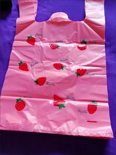 Amzocina Strawberry Plastic Bags, Pink Grocery, Shopping Bag, Restaurants, Convenience Store,Recyclable T Shirt Bags For Small Business, 50 Count