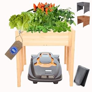 MODO24 Mährobotergarage, Rasenmäher Garage, Mähroboter Garage aus robustem Holz, Pflanzkasten mit Schutzfolie, Wetterfest, Blumenregal, Blumenständer, FSC Holz, Abmessungen 76x79x74 cm, Farbe: Natur