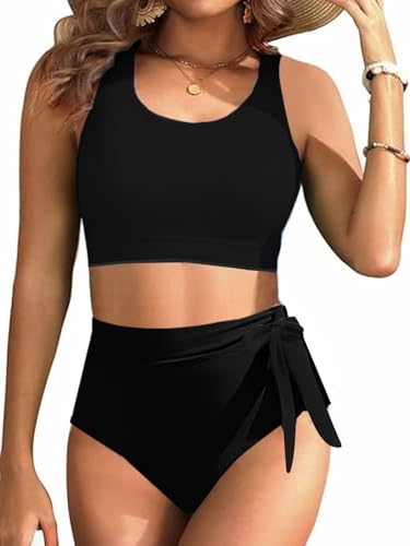 Rayson Costume da Bagno Donna Bikini Due Pezzi Vita Alta Sexy Costumi da Bagno con Nodo Laterale Beachwear Sportivo(Nero,L)