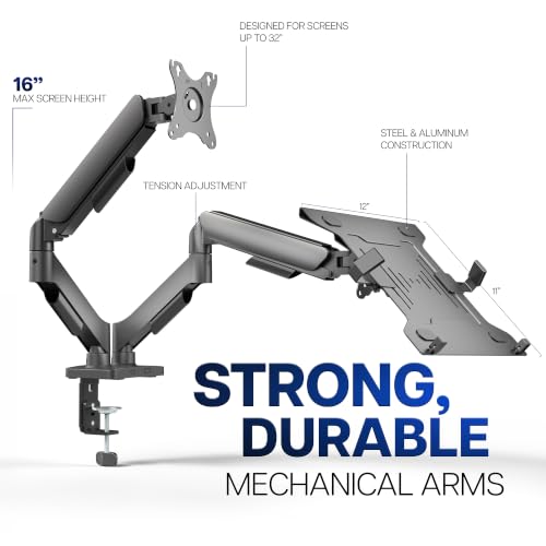 Image of VIVO Universal Adjustable Monitor and Laptop Desk Mount, 17 to 32 inch Monitors, 10 to 15.6 inch Laptops, Dual Mechanical Arm VESA Notebook Stand with C-clamp and Grommet Options, Black, STAND-V002O-L