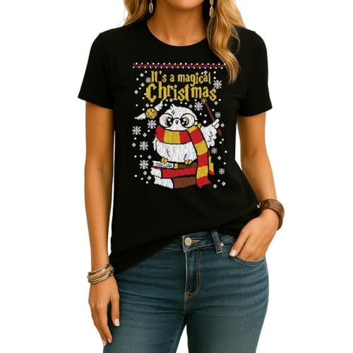 Magic Christmas Harry Hedwig Potter | Ugly Christmas Sweater Weihnachten Sweatshirt Damen T-Shirt, Schwarz, M