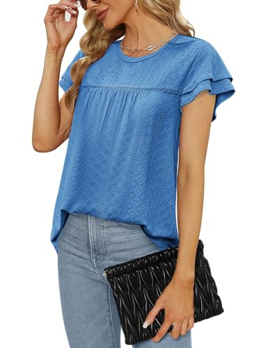 Zwurew Womens Tops Casual Ruffle Short Sleeve T-Shirts Crewneck Blouses Casual Babydoll Shirts Navy Blue M — view 2