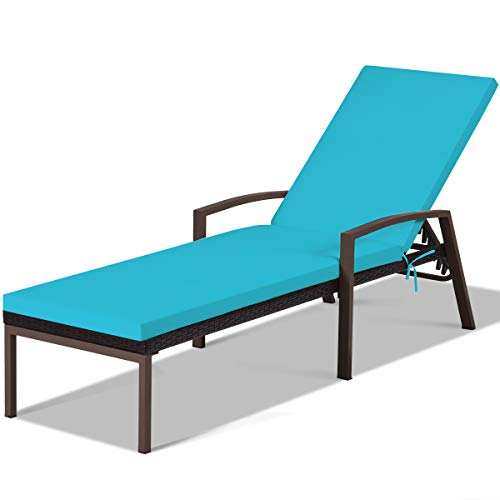 DORTALA Patio Chaise Lounge, Outdoor Wicker Rattan Chaise with Adjustable Backrest and Armrest for Beach Pool Yard, Rattan Sun Lounger w/Cushion, Turquoise