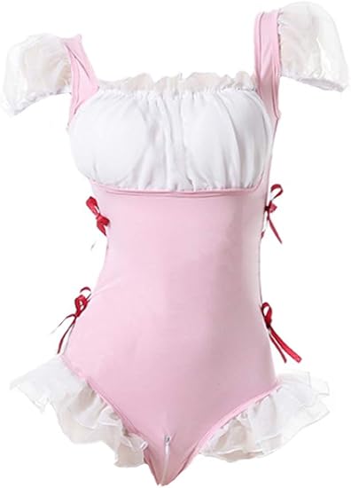 Amazon Dokidoki 超エロい バストをアピール レオタード 白 ピンク パット入り セクシー スク水 コスプレ コスチューム アンナミラーズ風 オープンクロッチ ウエイトレス Dokidoki コスチューム