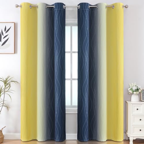 Estelar Textiler Yellow and Navy Blue Ombre Blackout Curtains for Living Room, Thermal Insulated Gradient Blackout Drapes, Full Room Darkening Energy Saving Curtains for Bedroom, 42Wx84L, 2 Panels