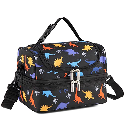 VASCHY Sac Isotherme Repas Enfants, Sac à Lunch Portatif à Compartiments Séparés Réutilisable pour Garçons Sac à Main de Déjeuner avec Bandoulière Réglable pour École et Pique Nique (Dinosaure Noir) Cover