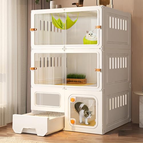 猫ケージ(室内用)トイレ付き - 室内猫用子猫ケージ、通気性と通気性に優れ、新しく改良されたスライドドアで使いやすい猫用囲い DIY 猫用プレイペン(White-106-46-71cm-a)