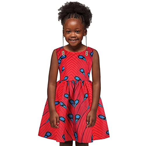 KAGAYD Girls Girls Traditional Outfits Sleeveless Princess African Dress Kids Toddler Ankara Orints (Red-3, 3-4 Years)