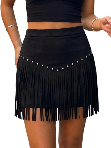 Acrawnni Womens Western Cowgirl Fringe Mini Skirt Vintage Cowgirl Cowboy Outfits High Waisted A Line Faux Suede Party Skirts (A-Black XL)