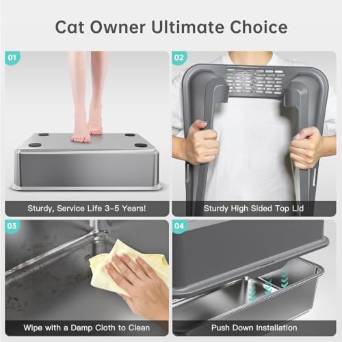 Image of Stainless Steel Litter Box, Open Top High Sided Cat Litter Box for Big Cat | XL, 1 Scoop, Anti-Urine Leakage, Non-Stick Odor-Free, Easy Clean, High Sides Block Spray, Reduce Litter Tracking, Durable
