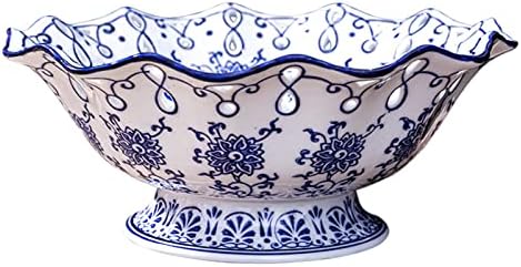 Fruit Bowl Fruit Serving Plate Blue and White Porcelain Decoration Bowl with Foot for Living Dining Drawing Room, 24cm (Blue&White-with foot)