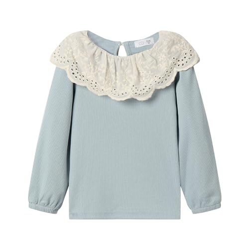 Image of LittleSpring Girls Ribbed Knit Long Sleeve Tshirt with Lace Ruffle Collar