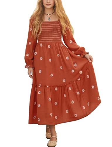 Sunny Spirit Girls Maxi Dress Fall Casual Floral Boho Long Puff Sleeves Square Neck Embroidered Smocked Dresses 5-14 Years