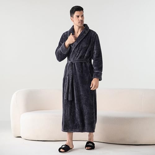 Men Long Sleeve Fleece Long Spa Bathrobes Winter Warm Lace Up Loungewear Sleepwear Solid Color Robes with Pockets2