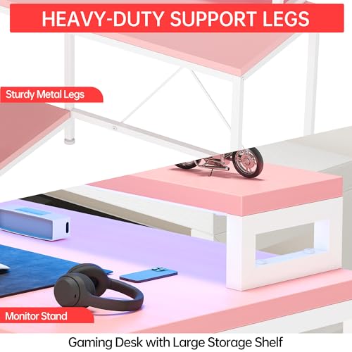 Image of Hetoy L-Shaped Gaming Desk with Power Outlets, Corner Desk with Drawers, Shelves & LED Lights, Computer Desk for Home & Office