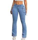 RIOQHID Blau,L,Cargo-Jeans für Damen, hoch tailliert, Stretch, Slim Fit, weites Bein