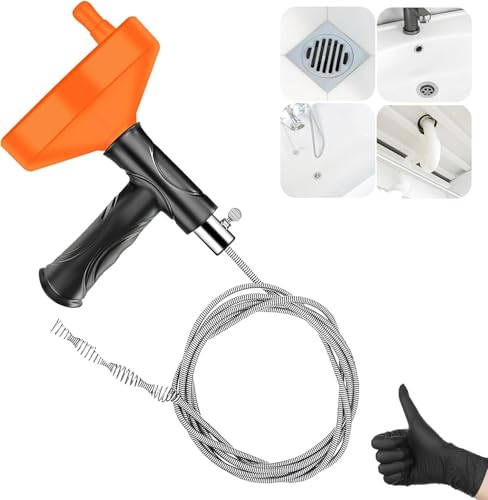 Drain Snake Auger 33 Feet, Plumbing Snake Drain Hair Clog Removal Tool, Heavy Duty Toilet Snake Auger, Sink Unclogger Drain Cleaner Tool for Bathroom Kitchen Tub Shower Drain Clog Remover with Gloves