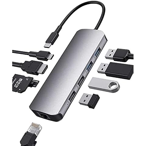 USB C Hub USB C Adapter 9 in 1 Aluminiumgehäuse mit Gigabit Ethernet, 4K HDMI Cover