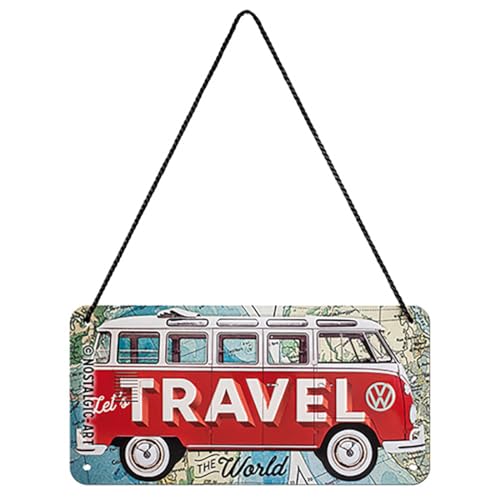 Nostalgic-Art, Plaque à suspendre, Volksgwaren Bulli T1 –Travel The World – Idée de cadeau pour le bus VW, en métal, Déco design retro, 10 x 20 cm