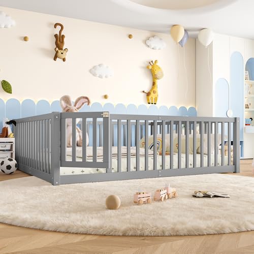Image of Bellemave Queen Size Kids Montessori Floor Bed with Door,Solid Wood Floor Bed Frame with High Fence for Girls,Boys,Gray